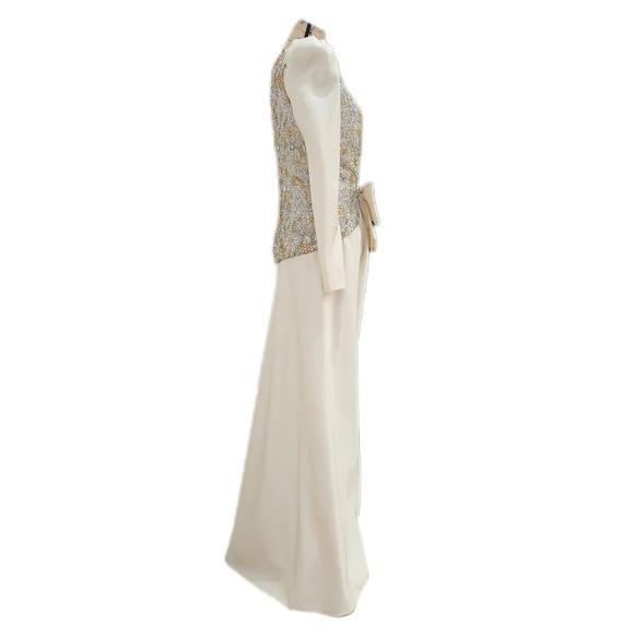 VINTAGE ESTEVEZ SEQUINE Maxi Gown Formal Dress, Cream Gold Silver, Women's Small - Picture 4 of 10